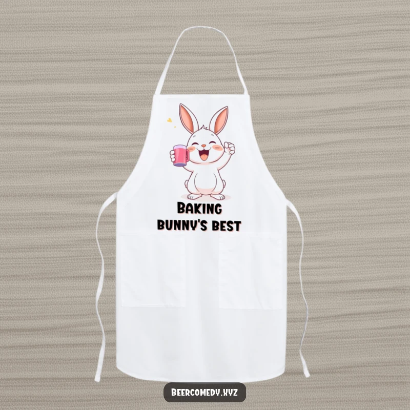 A delighted rabbit raising a mug in a toast is featured on a functional and fun kitchen apron.