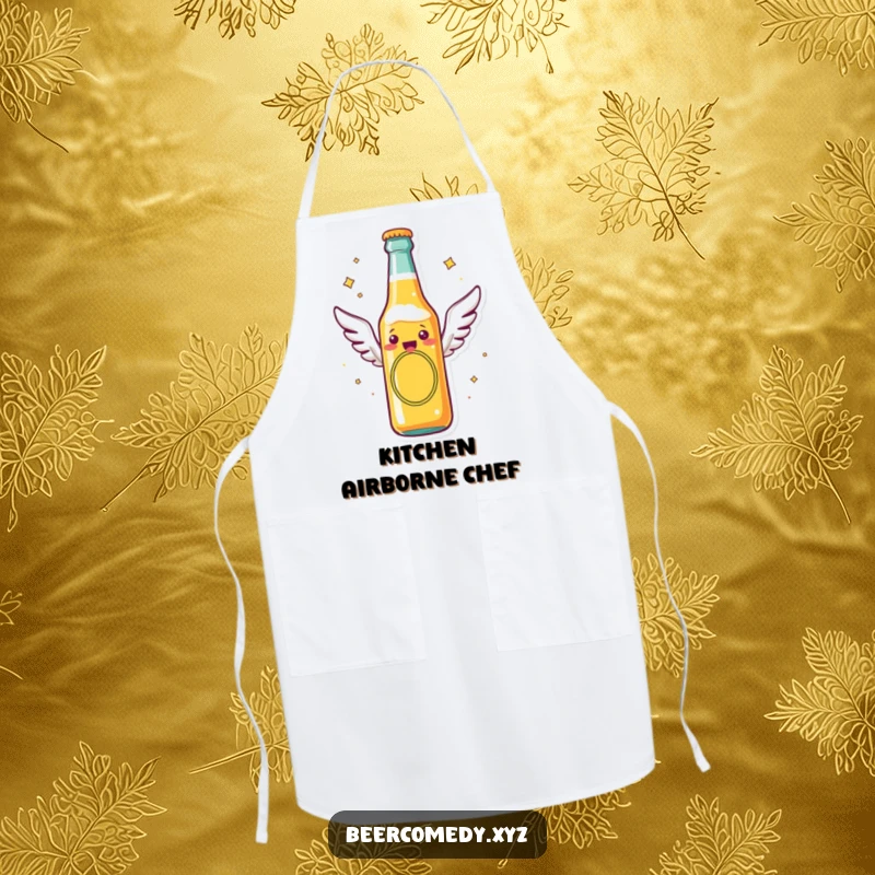 Funny beer bottle with tiny flying wings soaring through the air, on a chef's apron, ready for airborne kitchen adventures and spills.