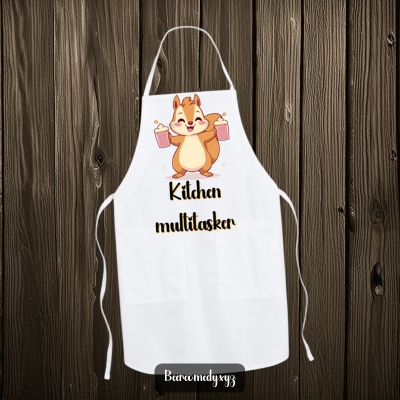 Funny squirrel, expert juggler of three frothy mugs, featured on a stylish and functional kitchen apron.