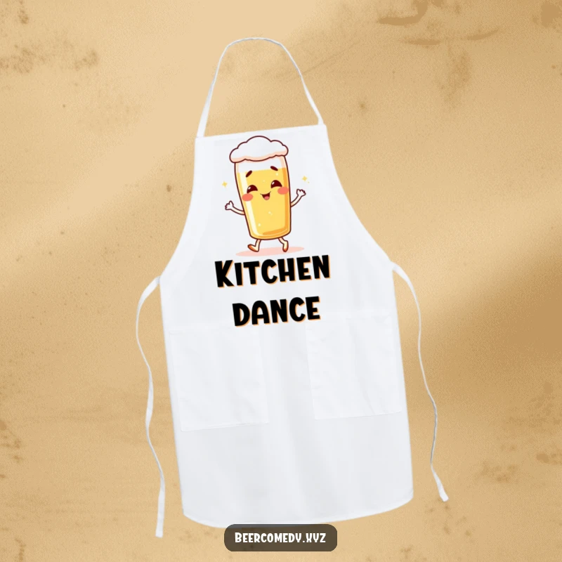 Funny giggling lager glass apron doing a little shuffle, perfect for kitchen activities.