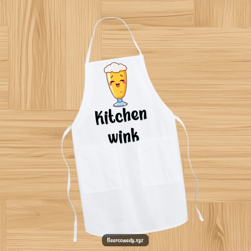 Funny wobbly wheat beer glass apron depicted with a playful wink, perfect for kitchen activities.