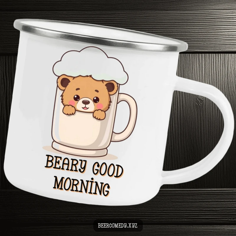 Durable camping mug featuring a playful bear cub peeking out from behind a large, foamy mug.