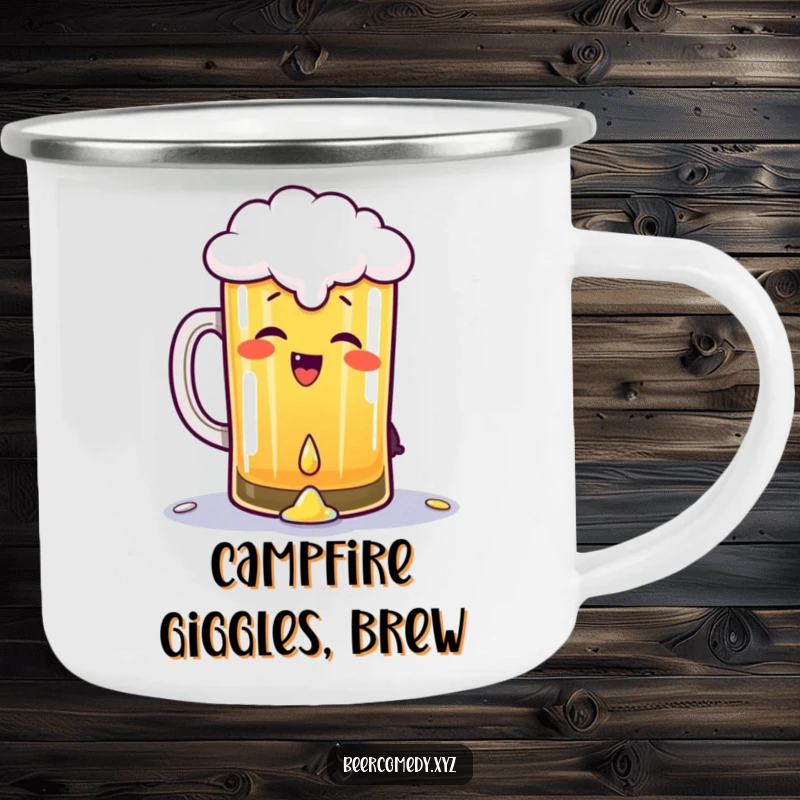 Funny pint of beer giggling and gleefully spilling a drop, on a sturdy camping mug, ready for outdoor enjoyment and spirited sips.