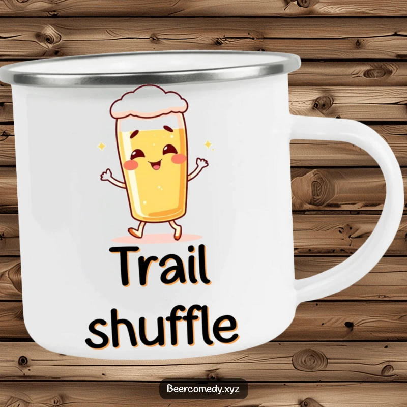 Funny giggling lager glass camping mug, depicted shuffling, perfect for outdoor use and enjoyment.