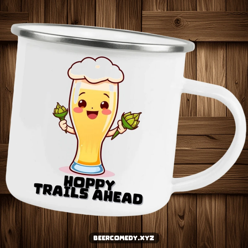 Funny ale glass camping mug featuring a smiling foamy head holding a hops cone, durable for outdoor use.