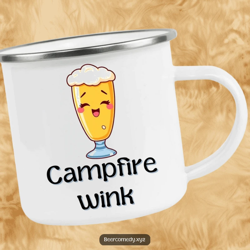 Funny wobbly wheat beer glass camping mug depicted with a playful wink, perfect for outdoor use.