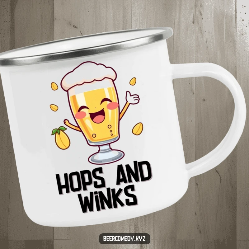 Funny delighted beer glass with a joyful wink catching a falling hop, on a sturdy camping mug, ready for outdoor fun and spirited toasts.