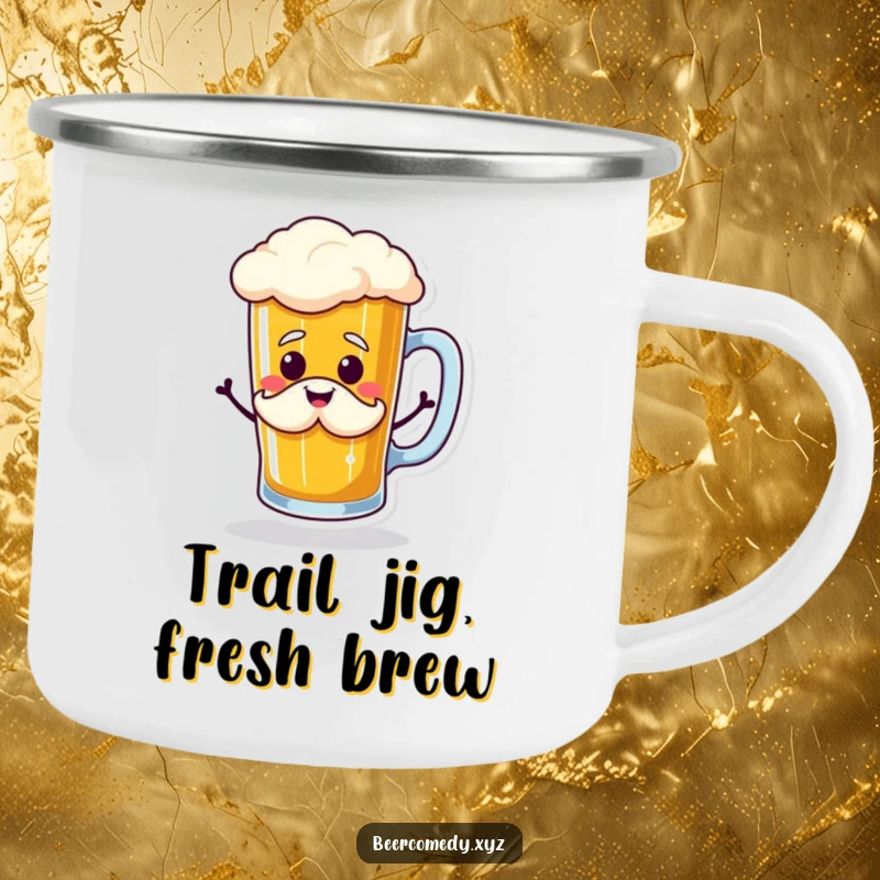 Funny beer mug doing a jig with a smiling foam mustache, on a sturdy camping mug, ready for wilderness fun and sips.