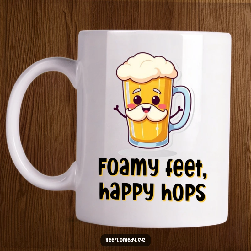 Funny beer mug doing a jig with a smiling foam mustache, celebrating with joy and overflowing with humor.
