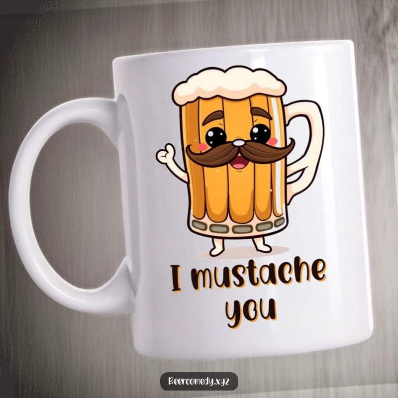 Funny dancing stout mug with a large frothy mustache, depicted in a lively, joyful pose.