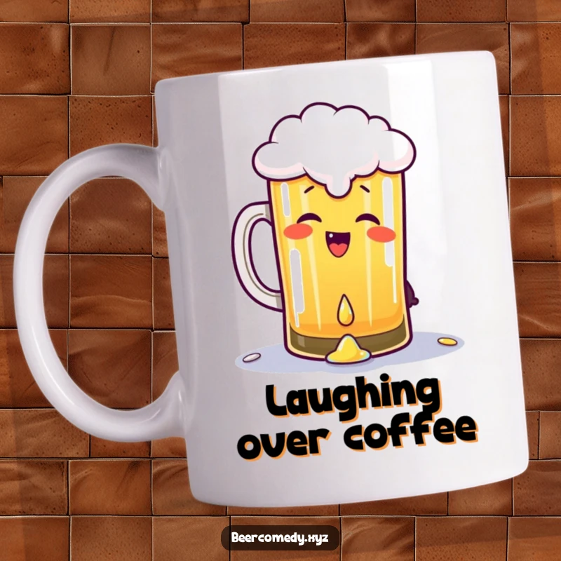 Funny pint of beer giggling and gleefully spilling a drop, depicted on a mug, radiating infectious joy and lightheartedness.