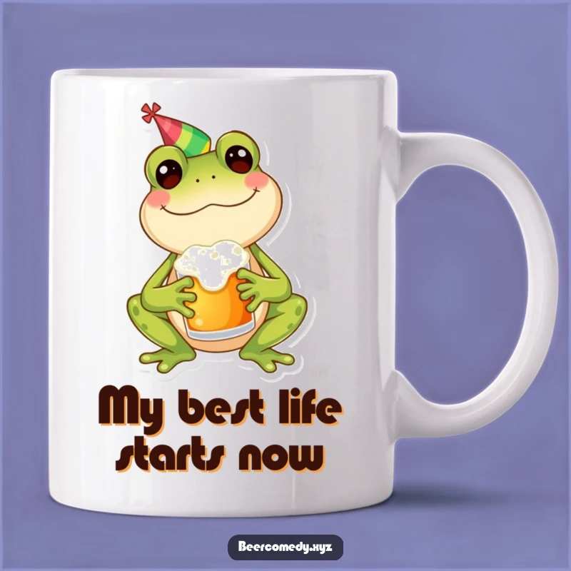 Funny Frog Party Mug: Cheerful Amphibian Holding Frothy Drink, Perfect Funny Gift