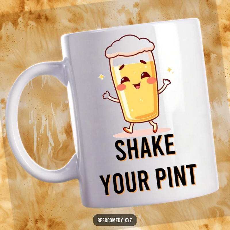 Funny giggling lager glass in a shuffling dance pose, radiating pure joy and amusement.