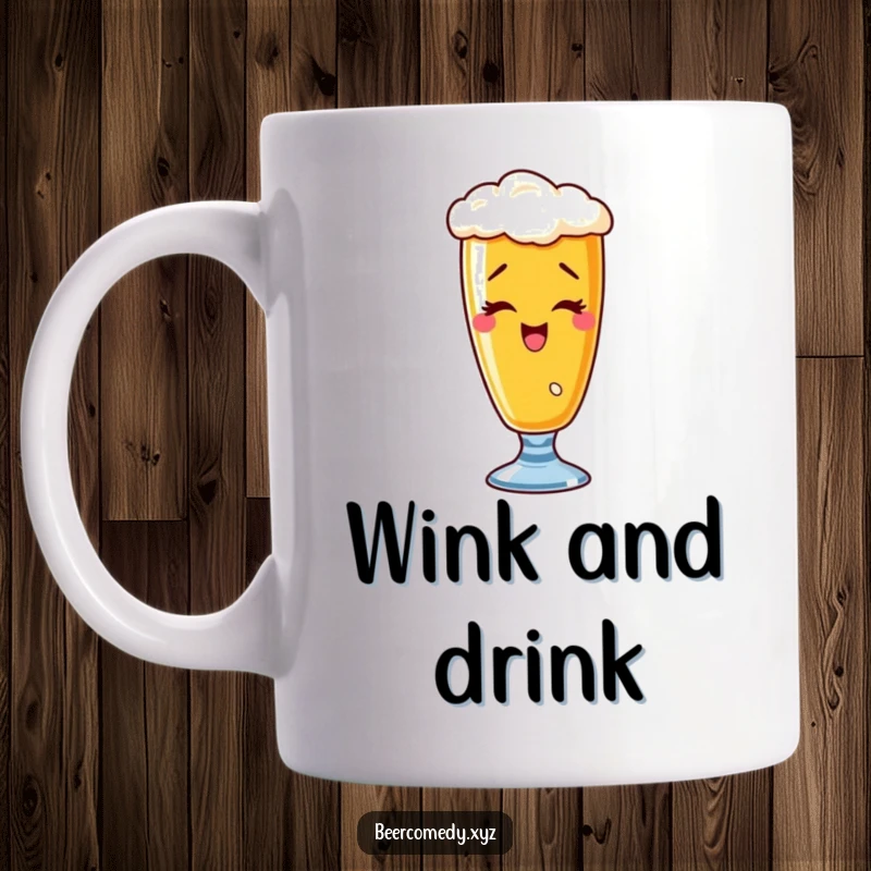 Funny wobbly wheat beer glass mug with a distinctive playful wink, full of character and humor.