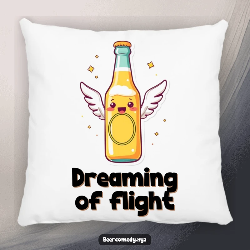 Funny beer bottle with tiny flying wings soaring through the air, on a soft pillow, providing comfort and a touch of whimsical escape.