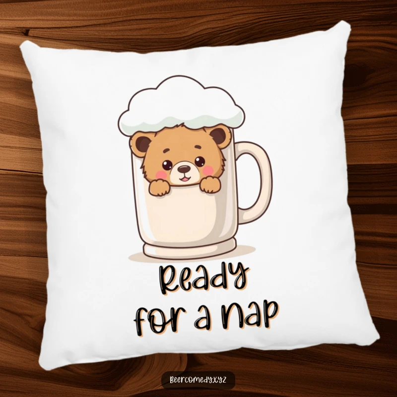 A soft, plush pillow featuring a playful bear cub peeking out from behind a giant, frothy mug.