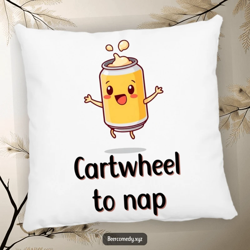 Funny playful beer can with a popping lid doing a cartwheel, on a soft pillow, offering comfort and a lively, celebratory presence.
