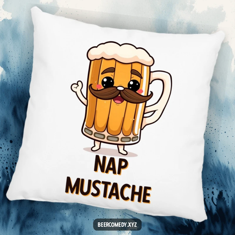 Funny stout mug pillow with a frothy mustache, designed for comfort and comedic appeal.