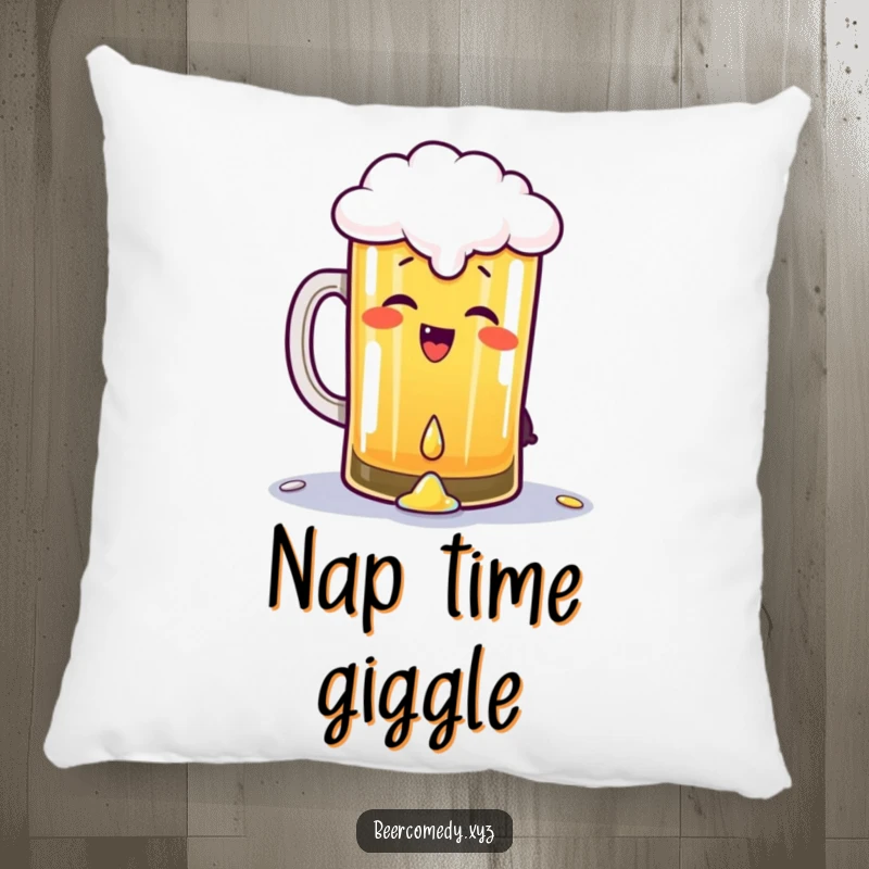 Funny pint of beer giggling and gleefully spilling a drop, on a soft pillow, offering comfort and a humorous, bubbly presence.