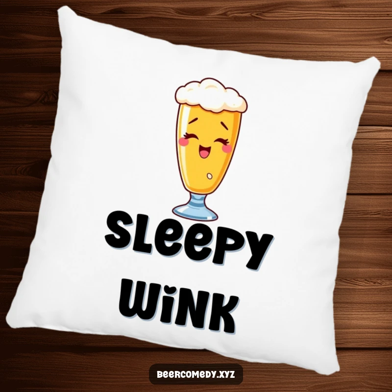 Funny wobbly wheat beer glass pillow with a playful wink, designed for comfort and charm.