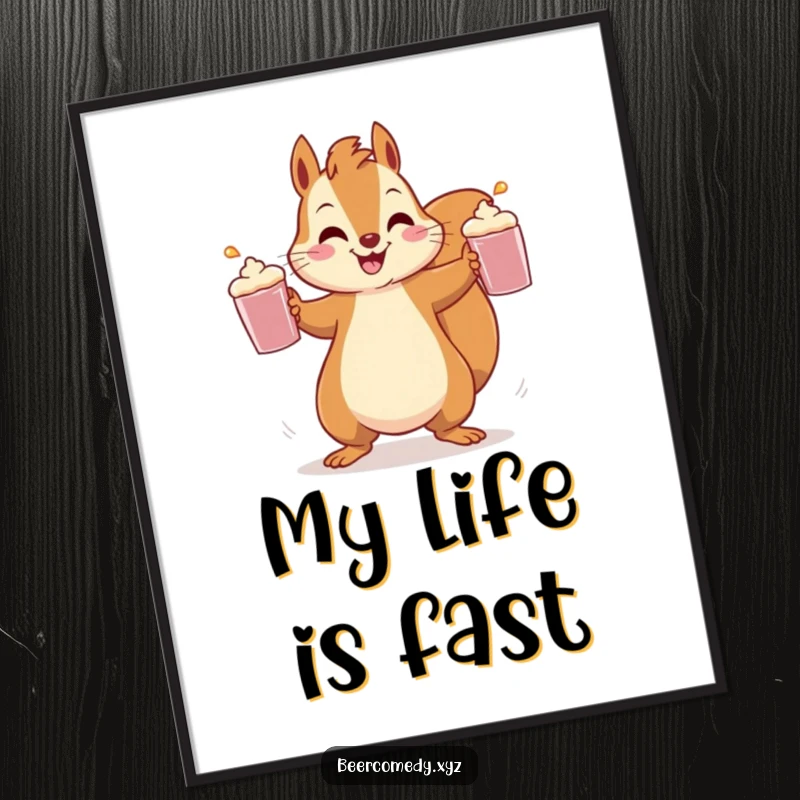 Funny squirrel impressively juggling three frothy mugs, depicted as a high-energy digital art print.