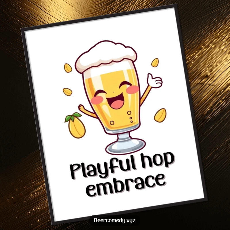 Funny delighted beer glass with a joyful wink catching a falling hop, as a vibrant digital art print, embodying pure joy and auspicious moments.