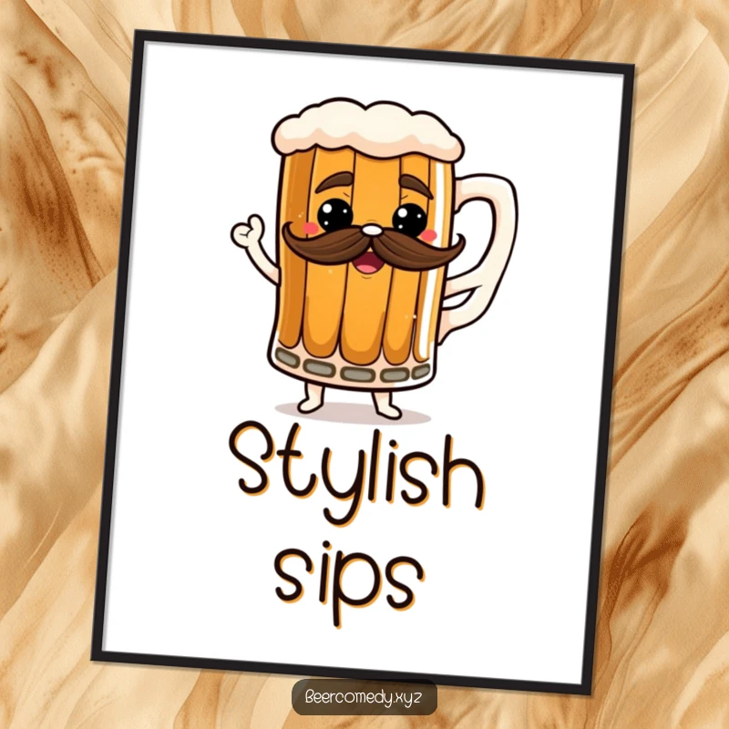 Funny dancing stout mug digital art print with a frothy mustache, ready for instant download.