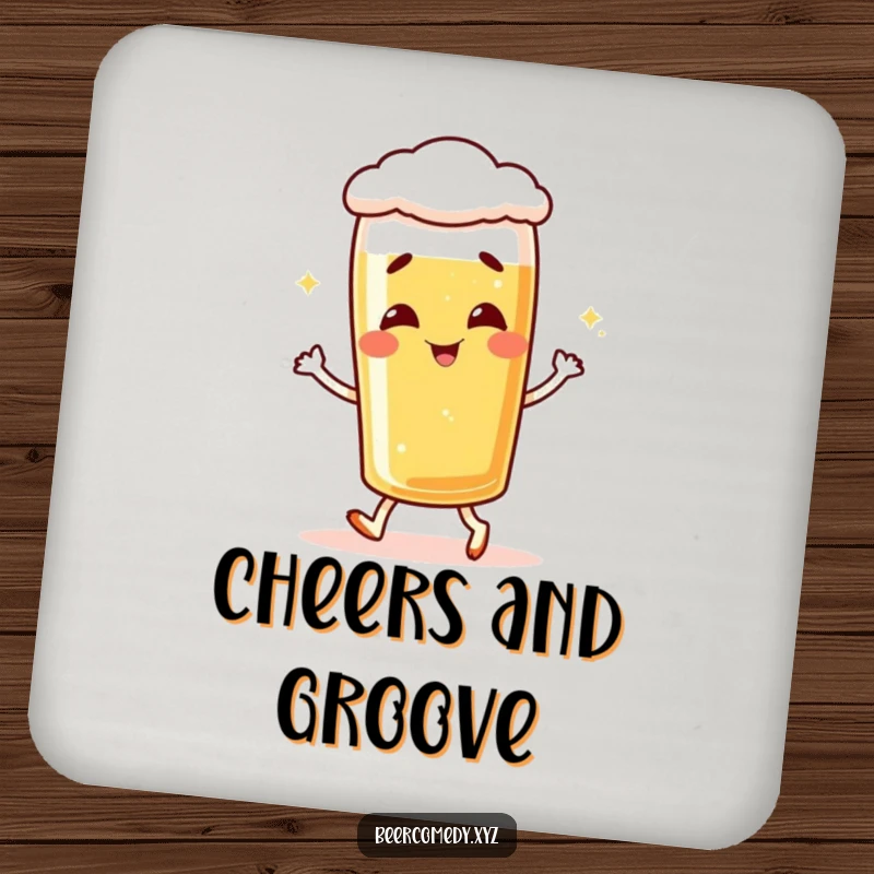 Funny giggling lager glass coaster doing a little shuffle, protecting surfaces with humor.