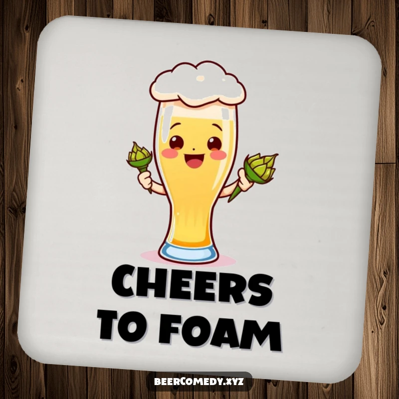 Funny ale glass coaster with a smiling foamy head holding a hops cone, protecting surfaces with charm.