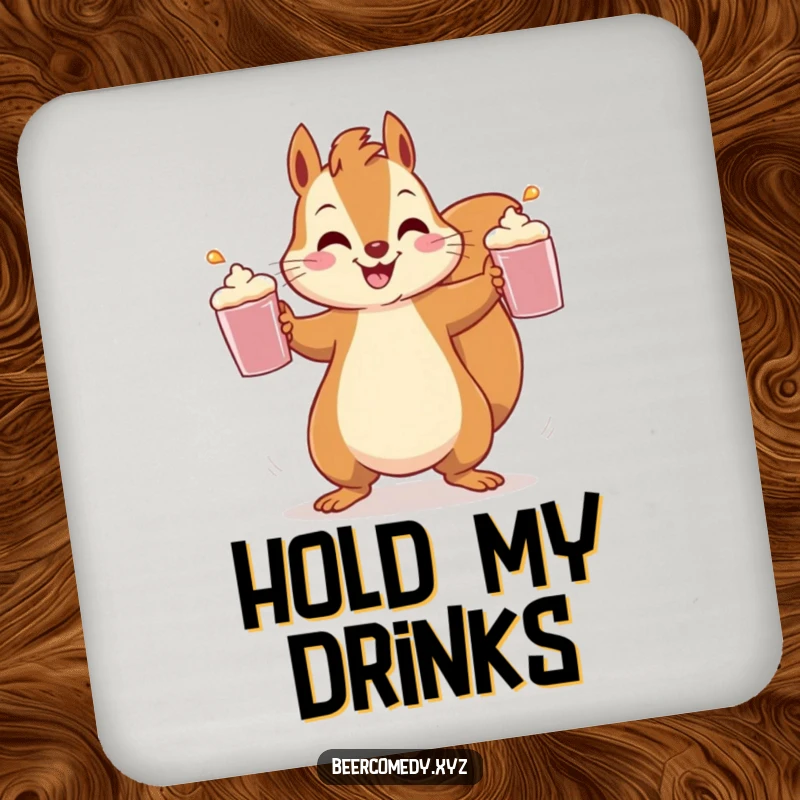 Funny squirrel juggling three frothy mugs on a drink coaster, adding a touch of playful chaos to your table.