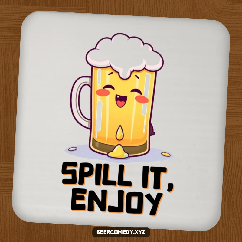 Funny pint of beer giggling and gleefully spilling a drop, printed on a drink coaster, protecting surfaces with a splash of lightheartedness.
