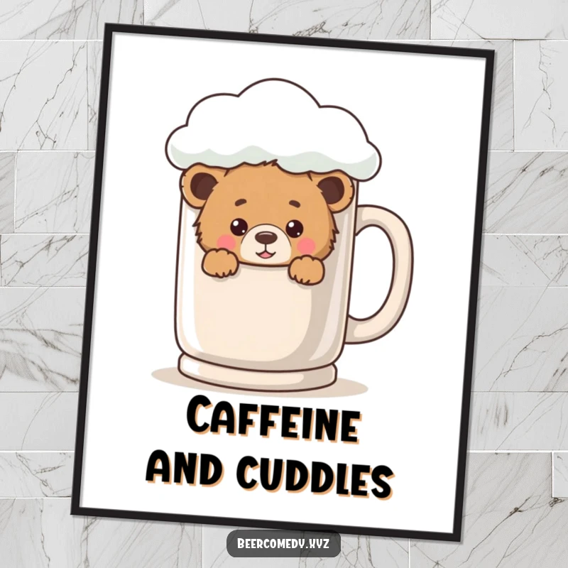 A playful bear cub peeking out from behind a massive, foamy mug, presented as a charming digital art print.