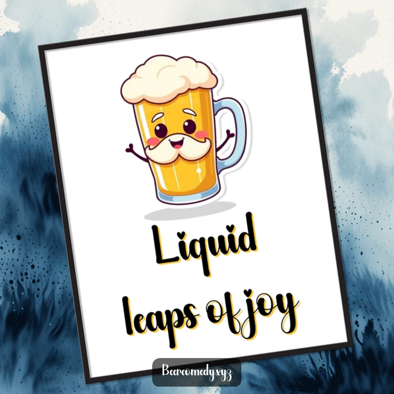 Funny beer mug doing a jig with a smiling foam mustache, presented as a lively poster, capturing the essence of a spirited beer celebration.