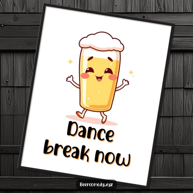 Funny giggling lager glass poster, depicted in a joyful shuffle, adding animated humor to decor.