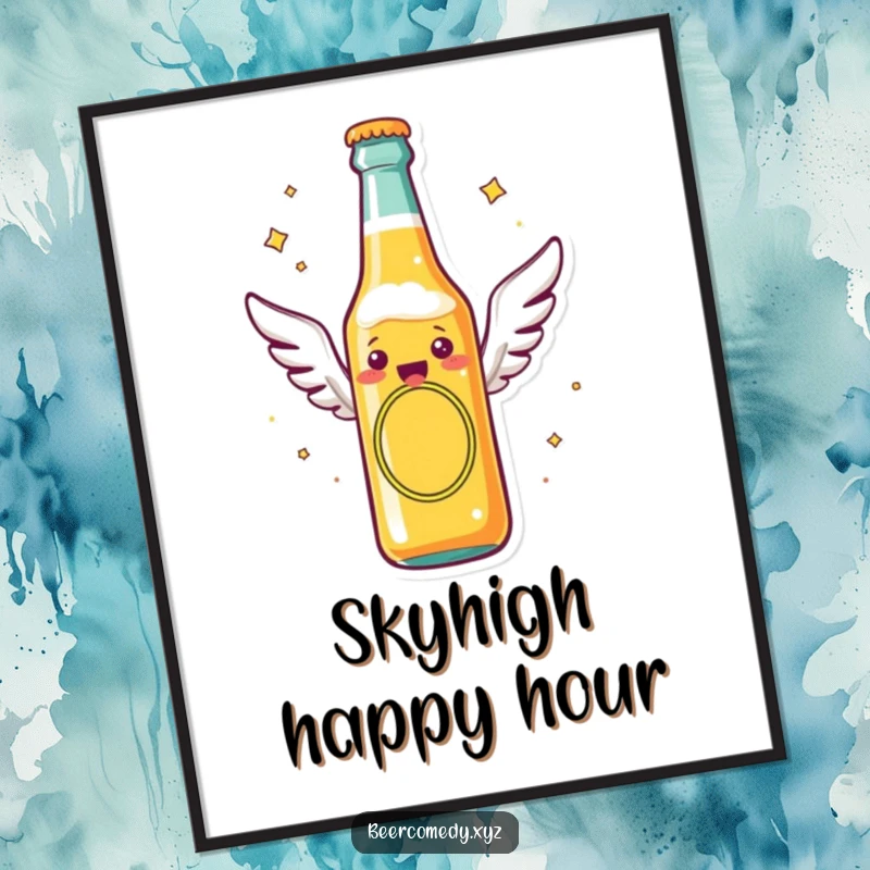 Funny beer bottle with tiny flying wings soaring through the air, presented as a whimsical poster, celebrating freedom and playful journeys.