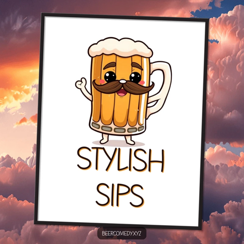 Funny stout mug poster with a dancing frothy mustache, adding a lively and humorous touch to walls.