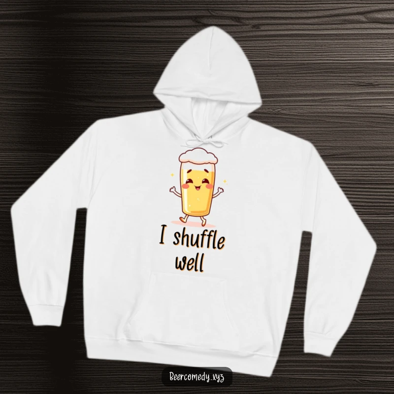 Funny giggling lager glass hoodie, illustrating a playful shuffle and infectious laughter.