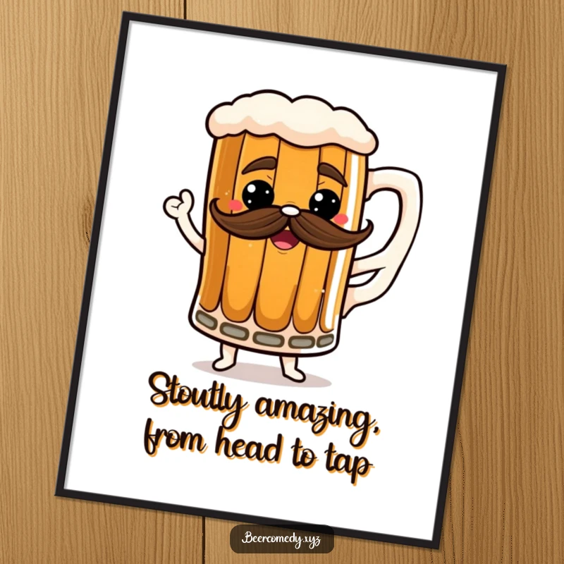 Funny free printable wall art of a stout mug with a frothy mustache, captured mid-dance, bringing lively energy to any room.