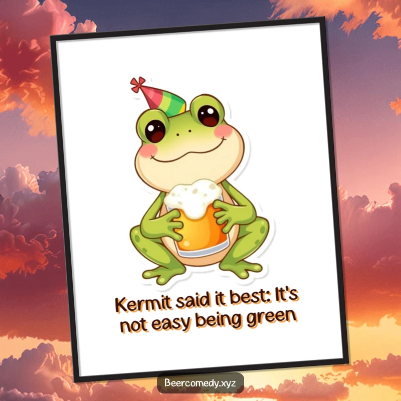 Funny Free Printable Wall Art: A cheerful frog in a tiny party hat happily clutches a frothy mug, bringing good vibes.