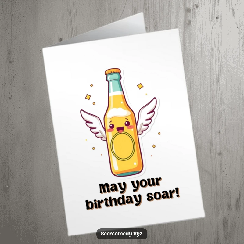Funny Free Printable Birthday Card: a cheerful beer bottle with tiny wings flying high, celebrating.