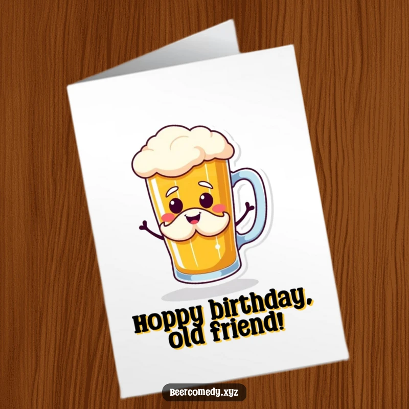 Funny Free Printable Birthday Card of a happy beer mug with a foam mustache doing a jig, perfect for gifting.