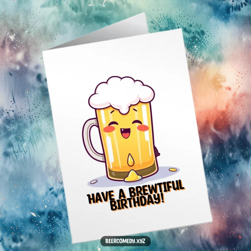 Funny Free Printable Birthday Card: a giggling pint of beer gleefully spilling a drop, celebrating joyfully.
