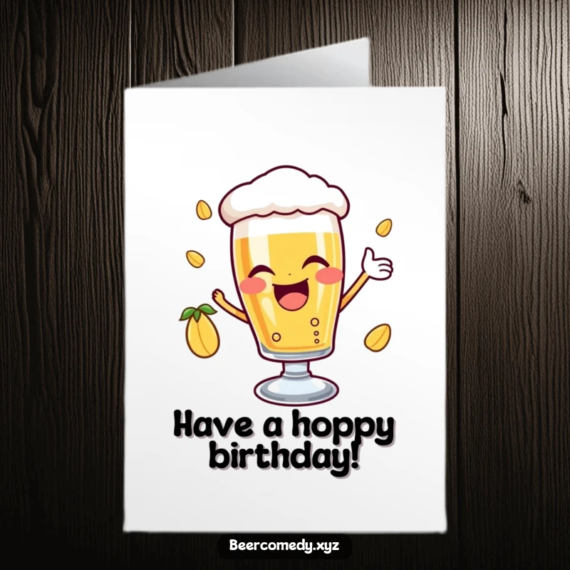 Funny Free Printable Birthday Card: a beer glass winking joyfully while catching a falling hop, celebrating.