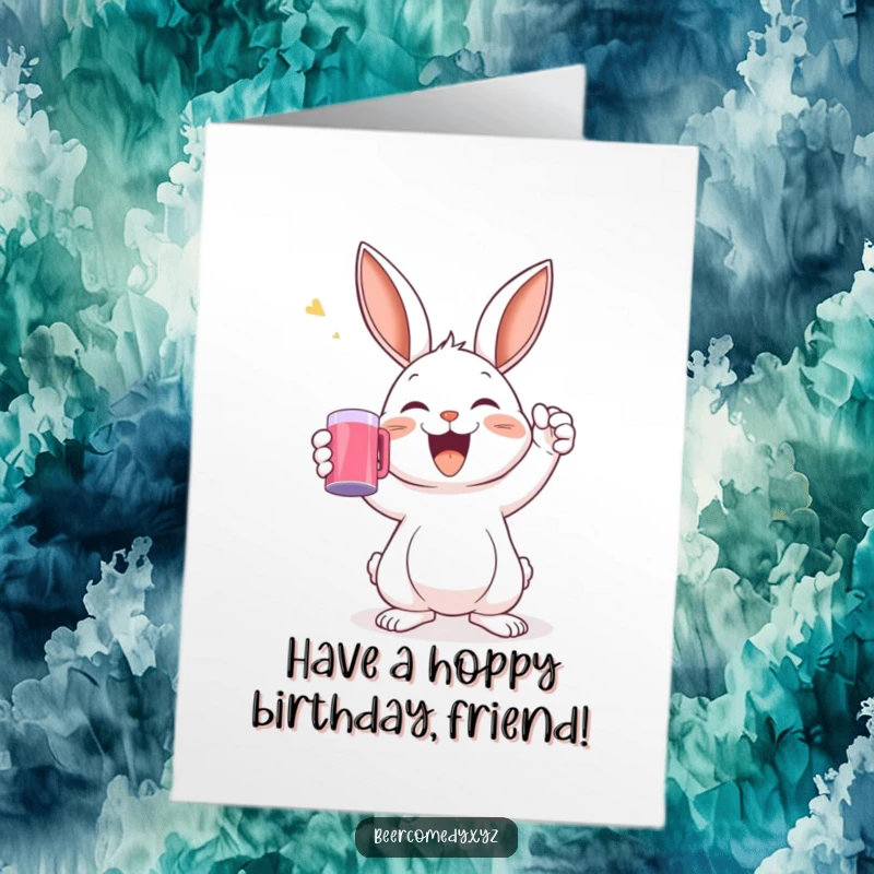 Funny Free Printable Birthday Card: A delighted rabbit joyfully raises a frothy mug in a festive birthday toast.