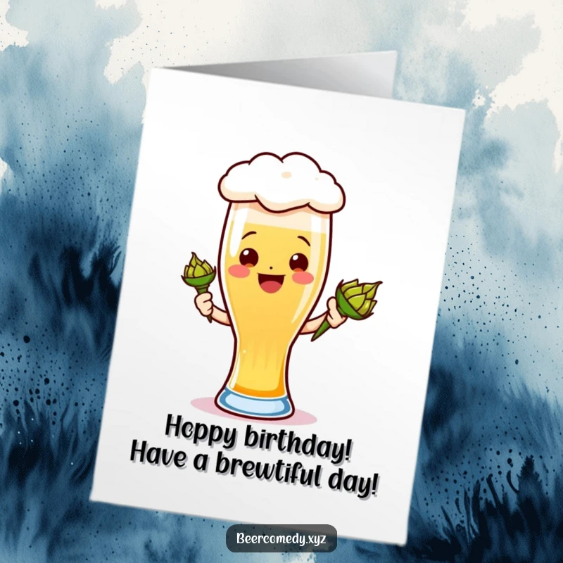 Funny free printable birthday card featuring a joyful ale glass with a smiling foamy head holding a tiny hops cone, ready to celebrate.