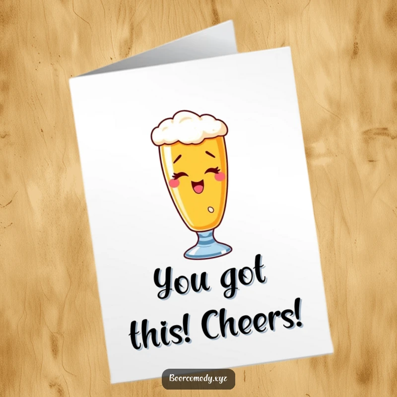 Funny free printable congratulations card with a wobbly wheat beer glass giving a playful wink, celebrating an achievement with a smile.