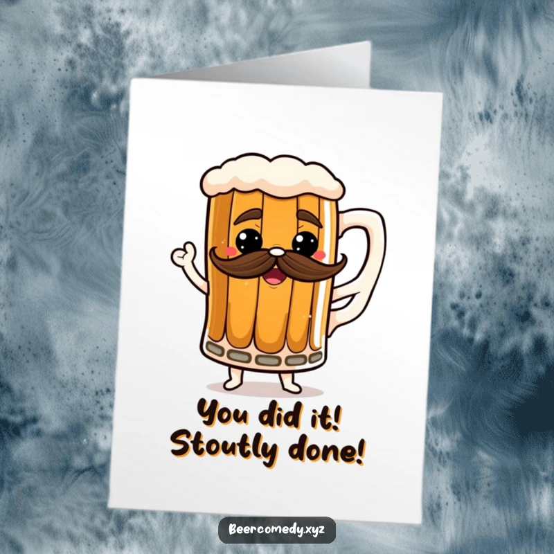 Funny free printable congratulations card featuring a stout mug with a frothy mustache, elegantly dancing to acknowledge a big win.