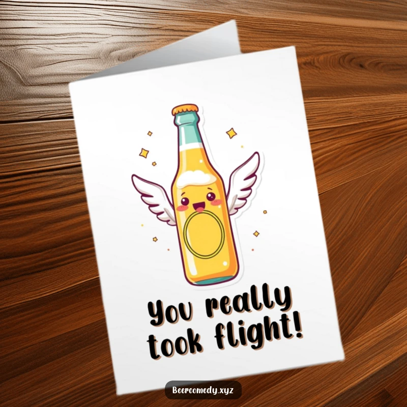 Funny Free Printable Congratulations Card: beer bottle with wings soaring, signifying achievement and celebration.