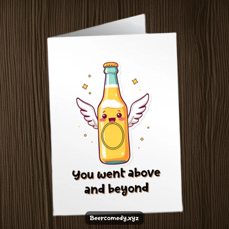 Funny Free Printable Thank You Card: a beer bottle with wings flying, conveying thanks joyfully.