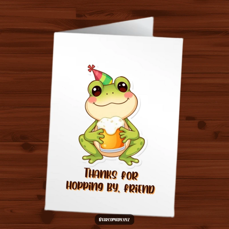 Funny Free Printable Thank You Card: A happy frog dons a party hat, holding a frothy mug to express sincere thanks.